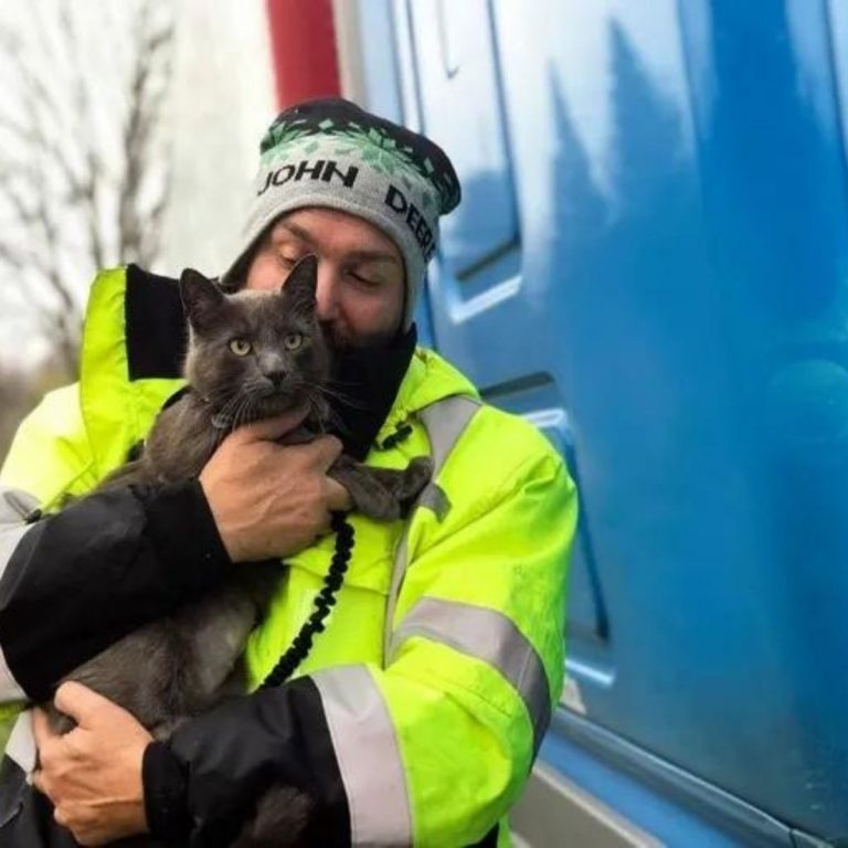 Sattelschlepper-Fahrer haelt seine Katze im Arm