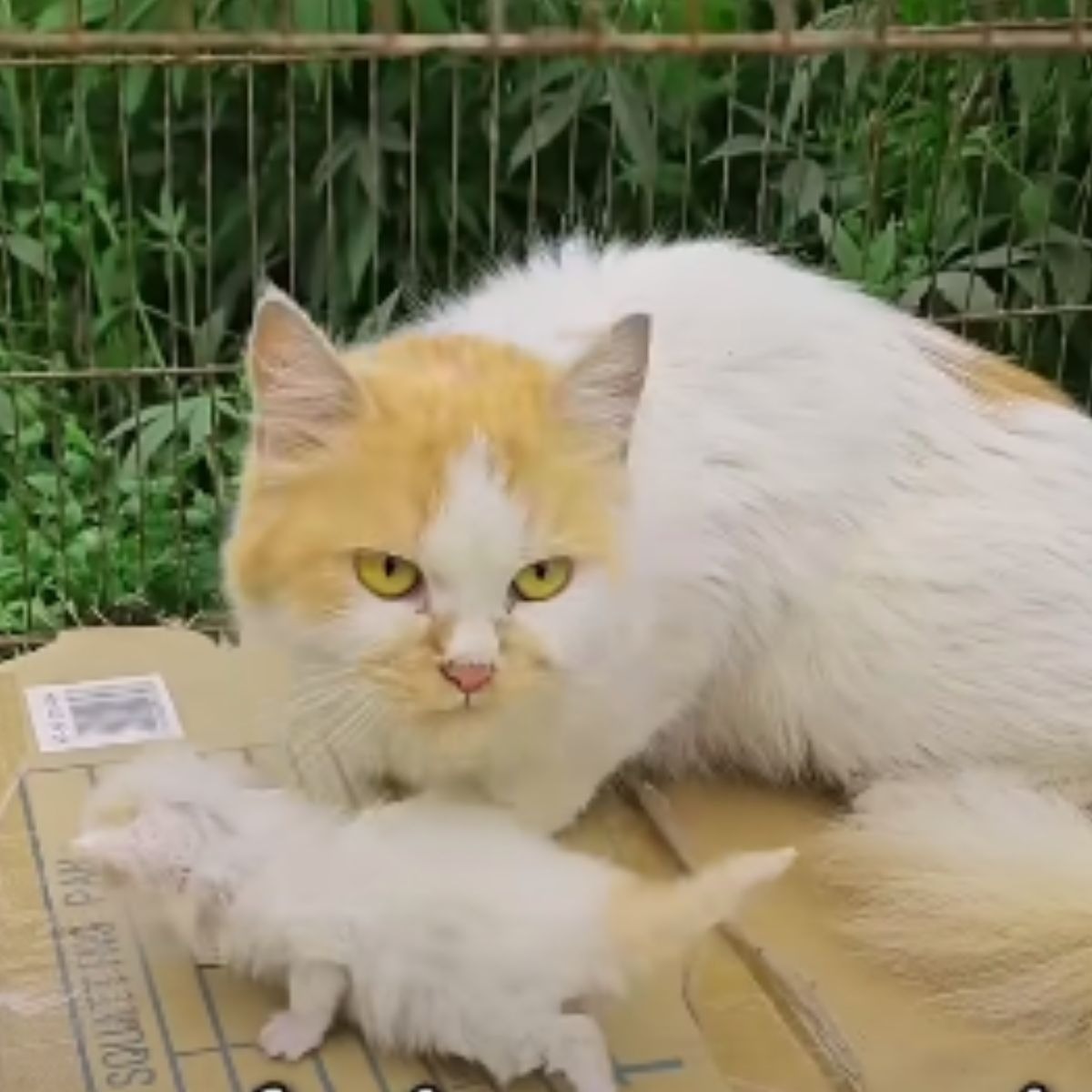 Katzenmama liegt neben ihrem Katzenbaby